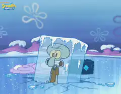 Squidward frozen in ice block
