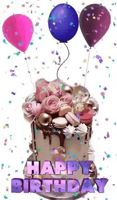 Birthday cake with balloons and confetti