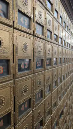 rows of vintage brass mailboxes