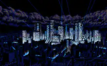 pixel art cityscape with lasers