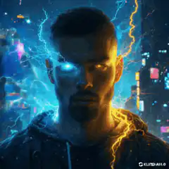 Man with glowing eyes and lightning