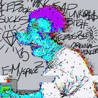 glitch art man with purple hair