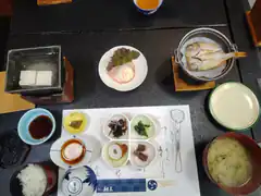 Japanese breakfast set with grilled fish and tofu
