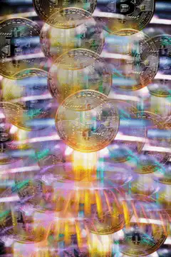 Falling Bitcoin Coins with Neon Lights