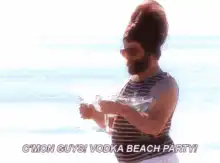 Bearded woman in striped shirt holding drinks