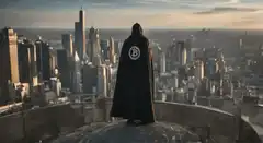 Bitcoin Batman overlooking city