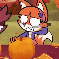 Fox girl carving pumpkin angrily