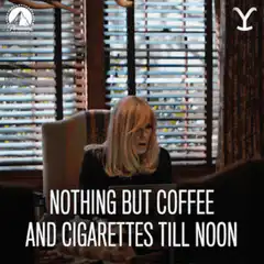 Woman looking tired with coffee and cigarettes caption