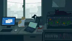 pixel art cat desk scene