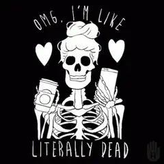 Skeleton holding coffee and phone