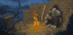 knight warming by fire pixel art