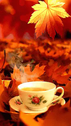 Steaming tea cup among autumn leaves