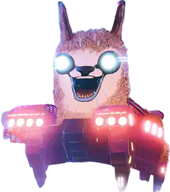 Llama with glowing eyes and tank treads