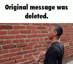 Man gesturing at brick wall with deleted message text