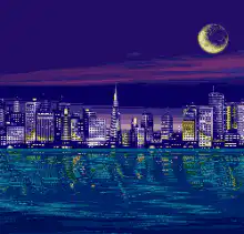 pixel art city skyline at night