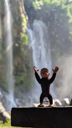 Curious George toy at waterfall