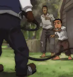 Old man whips boy with a hose