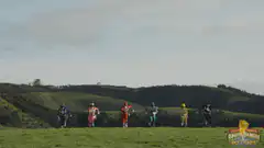 Power Rangers running through explosions