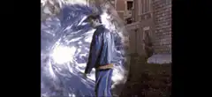 Man steps through portal, woman walks by
