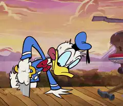 Donald Duck saws wood and holds up a log
