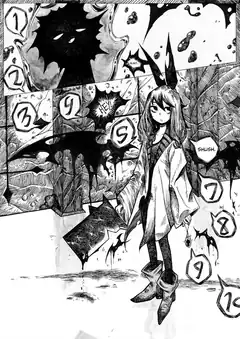 Girl with numbered panels and dripping ink