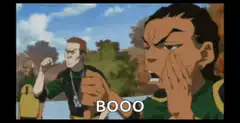 Man yelling BOOO at another man