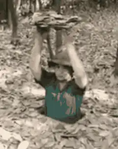 Man with rocks on head sinks into ground