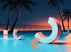 3D C logo on beach at sunset