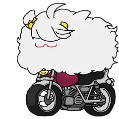 Fluffy white creature on a motorcycle
