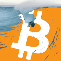Bitcoin logo being washed by a wave