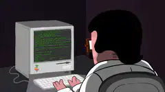 Hank typing on old computer