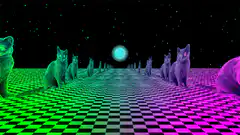 Neon checkered hallway with cats