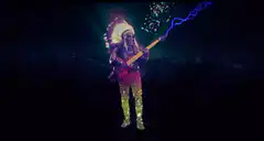 Guitarist with Indian headdress and lightning