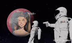 Astronauts point at Mars with woman's face
