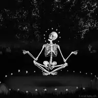Skeleton meditating in a circle of lights