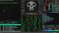 Hacker desktop with skull and matrix code