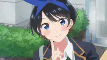 Anime girl with blue bow smiling