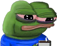 Sad Pepe holding a mug