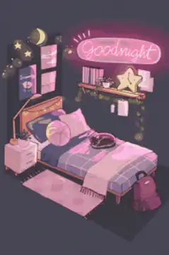 cozy bedroom with goodnight neon sign