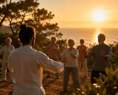 group doing tai chi at sunset
