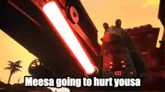 Jar Jar Binks threatens with lightsaber