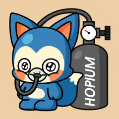 Blue cat character inhaling from a hopium tank