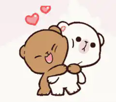 Brown and white bear hugging with hearts