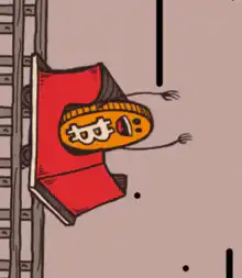 orange character in red car