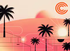Retro sunset with palm trees and geometric lines