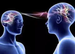 Two heads with glowing brains facing each other