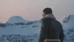 Man raises arms in triumph at sunset