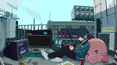 Pixel art person relaxing on rooftop