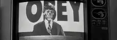 Skeleton man on TV with OBEY sign