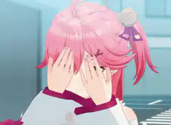 Pink-haired anime girl peeking through hands